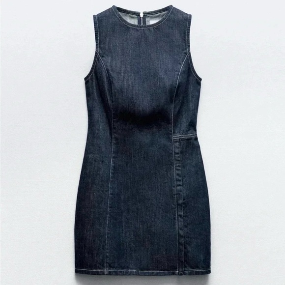 Zara Dresses & Skirts - Zara L Blue Sleeveless Fitted 100% Cotton Retro Slinky 90s Denim Mini Dress